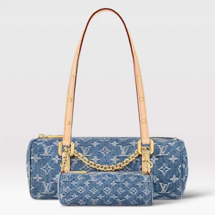 Louis Vuitton LV Unisex Papillon Denim Blue GOTS Monogram Denim Canvas Natural Cowhide Leather