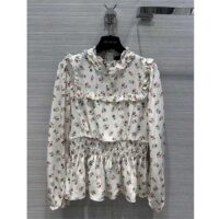 Louis Vuitton LV Women Floral Print Ruffle Collar Shirt Silk Milky White Regular Fit (4)