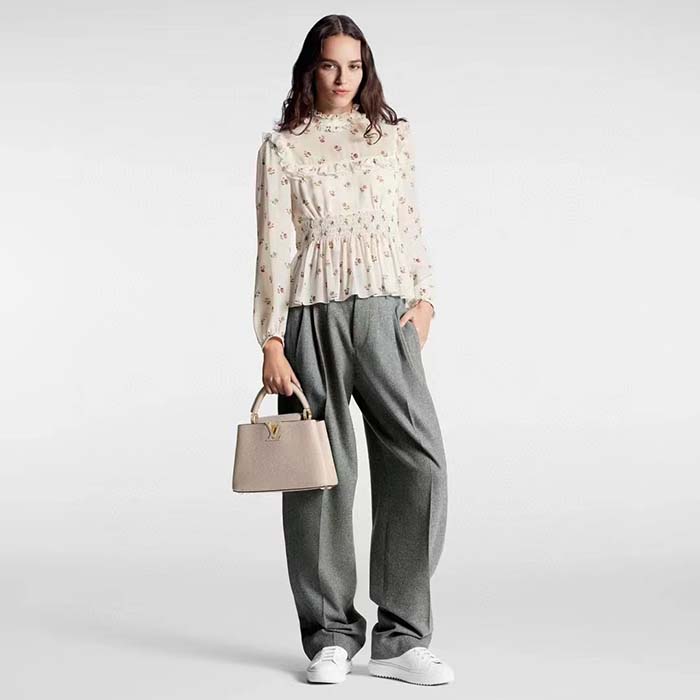 Louis Vuitton LV Women Floral Print Ruffle Collar Shirt Silk Milky White Regular Fit
