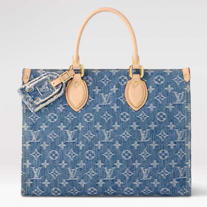 Louis Vuitton LV Women OnTheGo MM Denim Blue GOTS Certified Cotton Monogram Denim Canvas