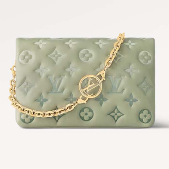 Louis Vuitton LV Women Pochette Coussin Green Monogram-Embossed Puffy Lambskin Cowhide-Leather M82474