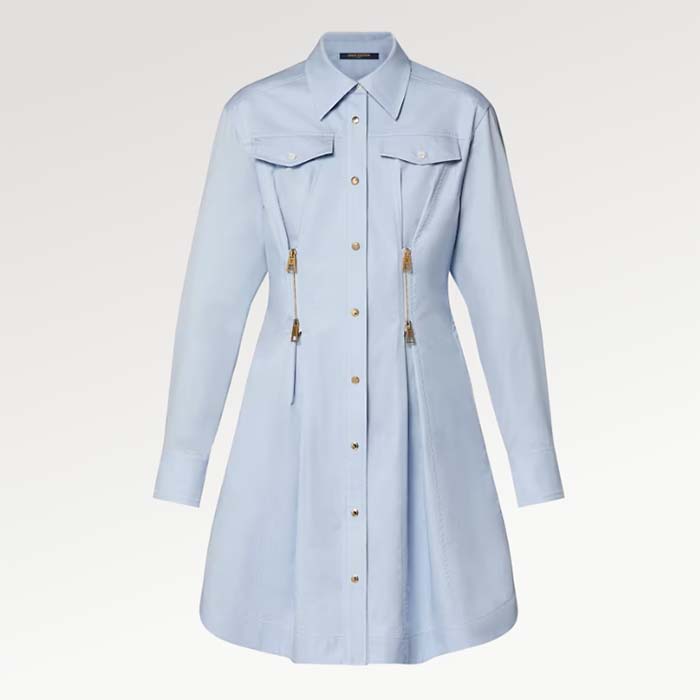 Louis Vuitton LV Women Zipper Waist Shirt Dress Coton Ice Blue Regular Fit