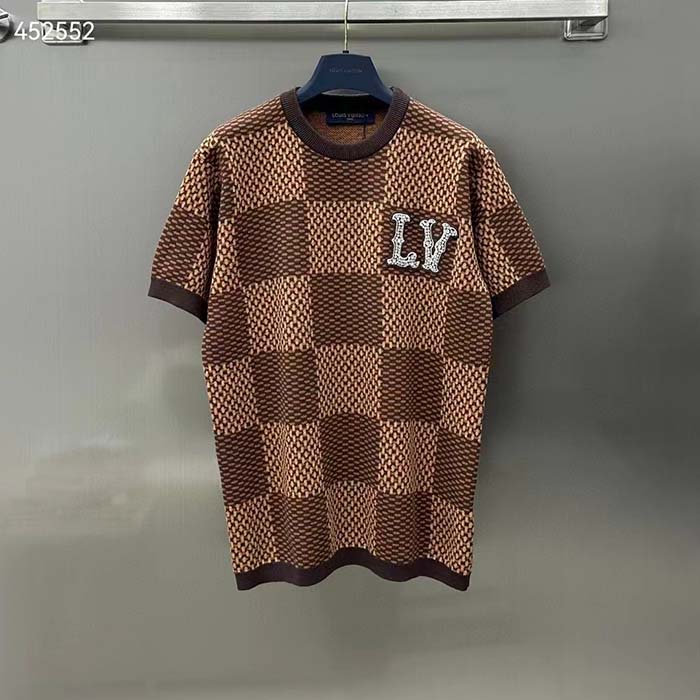 Louis Vuitton Men Short-Sleeved Cotton Damier Crewneck Crystal LV Patch Regular Fit Pop Jacquard 1AFIUP (9)