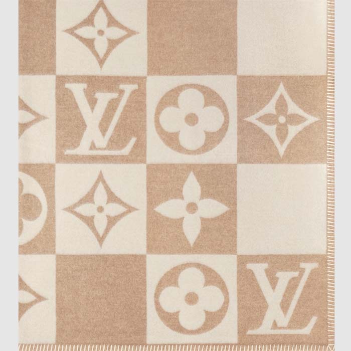 Louis Vuitton Unisex LV Checkmate Blanket Beige Wool Cashmere Jacquard Weave Monogram Flowers M77861