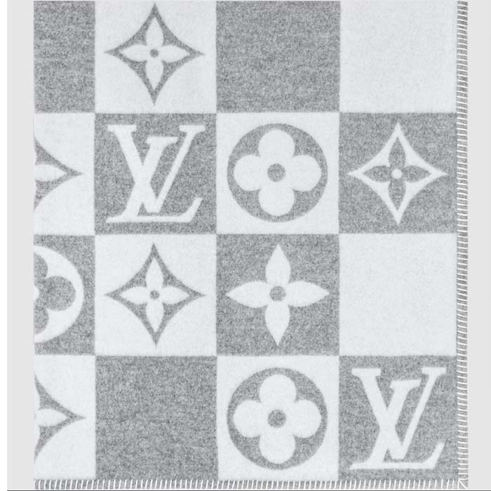 Louis Vuitton Unisex LV Checkmate Blanket Gray Wool Cashmere Jacquard Weave Monogram Flowers M77860 (2)