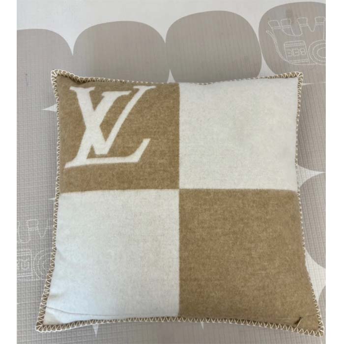 Louis Vuitton Unisex LV Checkmate Cushion Beige Wool Cashmere Jacquard Weave Monogram Flowers M77864 (1)