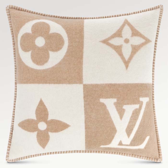 Louis Vuitton Unisex LV Checkmate Cushion Beige Wool Cashmere Jacquard Weave Monogram Flowers M77864