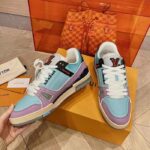 Louis Vuitton Unisex LV Trainer Sneaker Blue Vintage Effect Calf Leather Rubber Outsole - Image 5