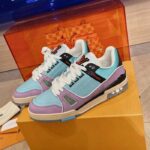 Louis Vuitton Unisex LV Trainer Sneaker Blue Vintage Effect Calf Leather Rubber Outsole - Image 4