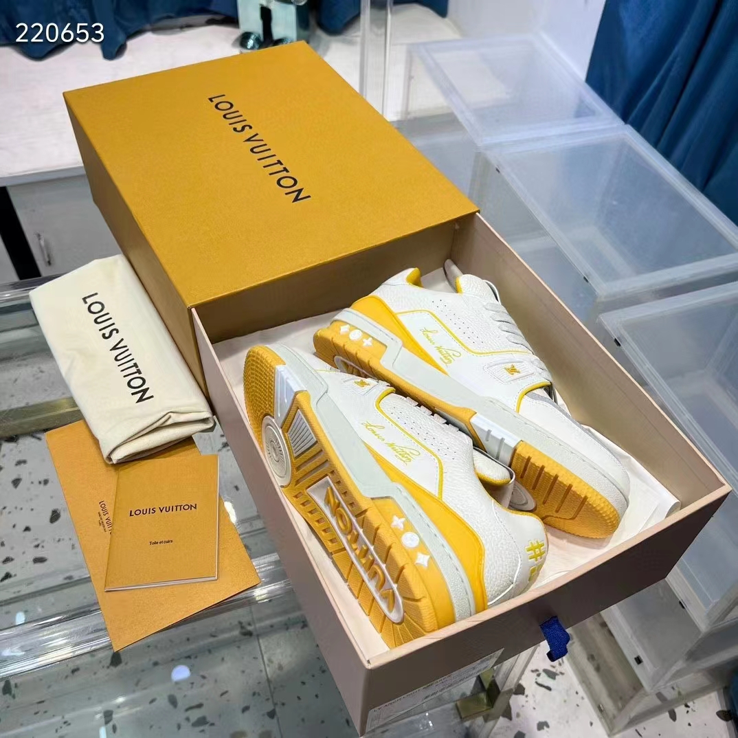 Louis Vuitton Unisex LV Trainer Sneaker Yellow Calf Leather Rubber Outsole Monogram Flowers 1ACI1J (1)
