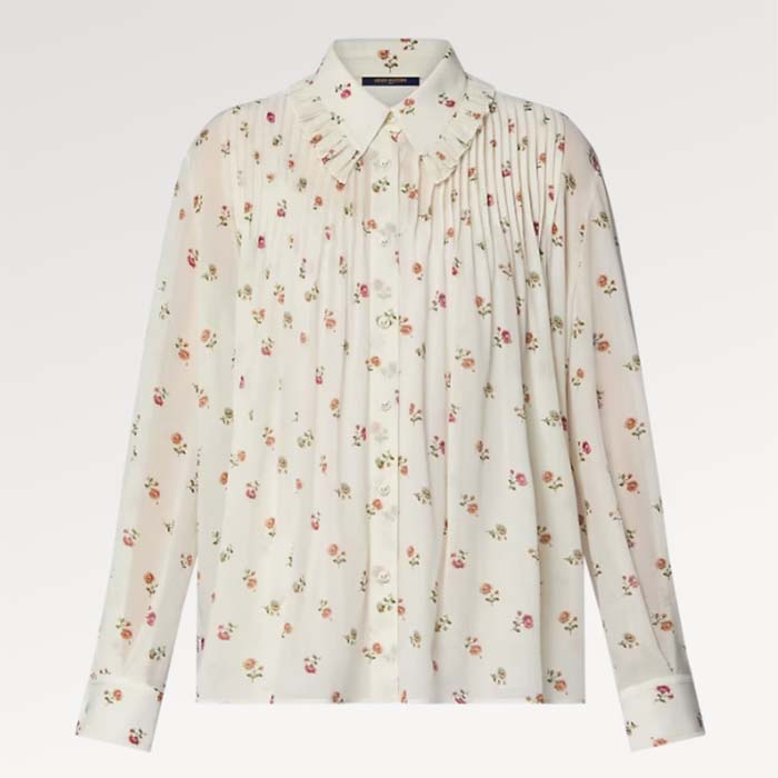 Louis Vuitton Women LV Floral Print Ruffle Collar Shirt Silk Milky White Regular Fit