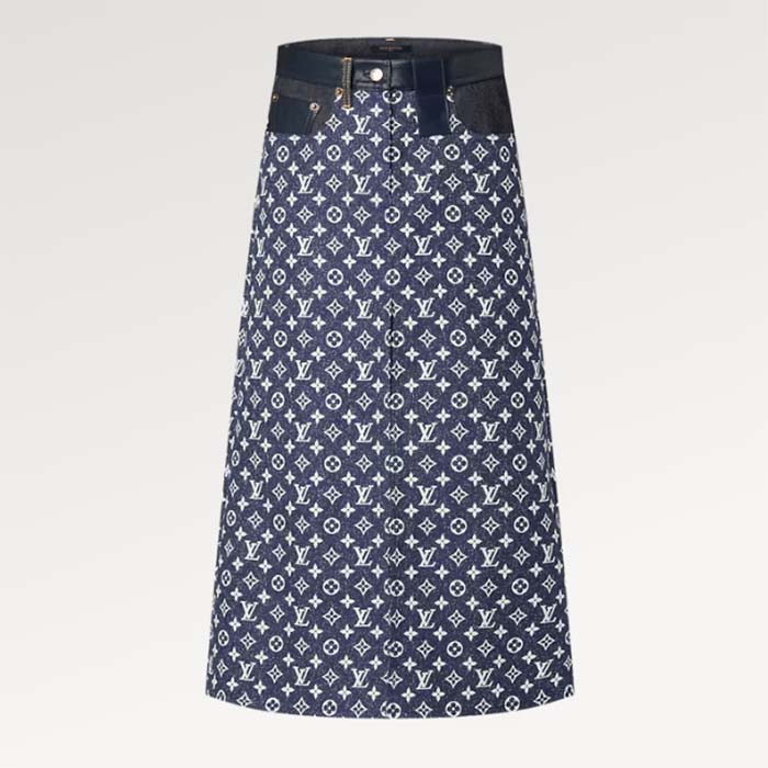Louis Vuitton Women LV Monogram Denim Midi Skirt Cotton Navy