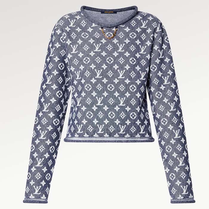 Louis Vuitton Women LV Monogram Jacquard Pullover Wool Cotton Grey Blue Regular Fit