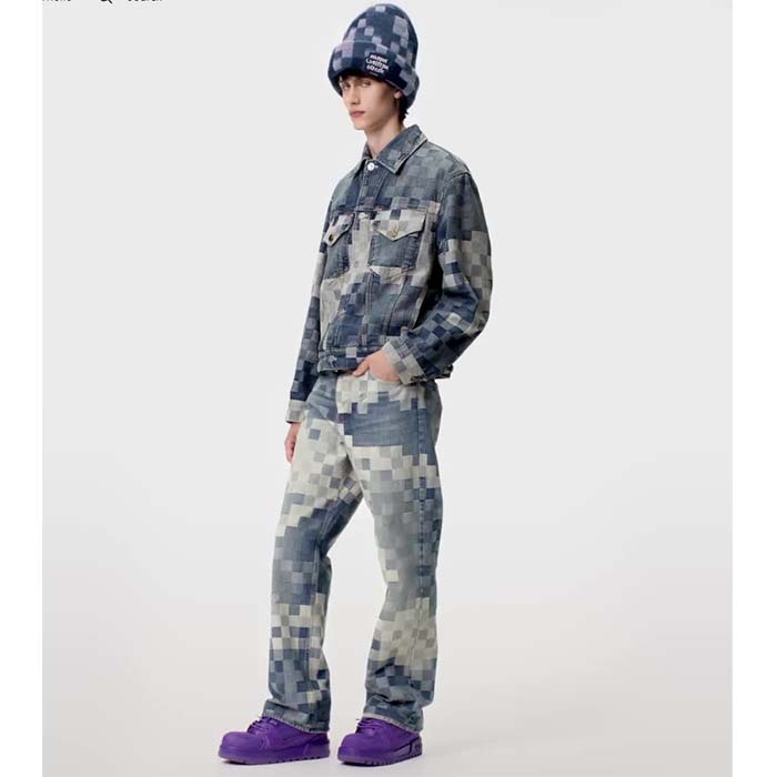 Louis Vuitton Men LV Runaway Damier Classic Denim Jacket Regular Fit Allover Damoflage Jacquard