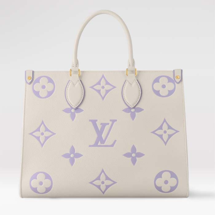 Louis Vuitton Women OnTheGo MM Tote Latte Bubble Tea Purple Embossed Grained Cowhide Leather