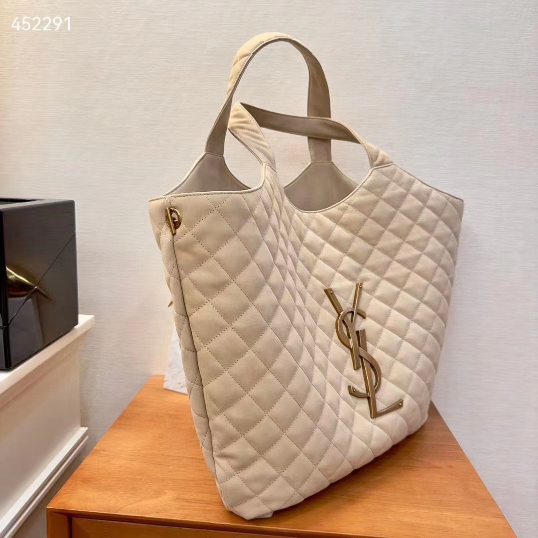 Saint Laurent YSL Women Icare Maxi Shopping Bag Quilted Nubuck Suede Beige STYLE ID 698651AABR89748 (2)