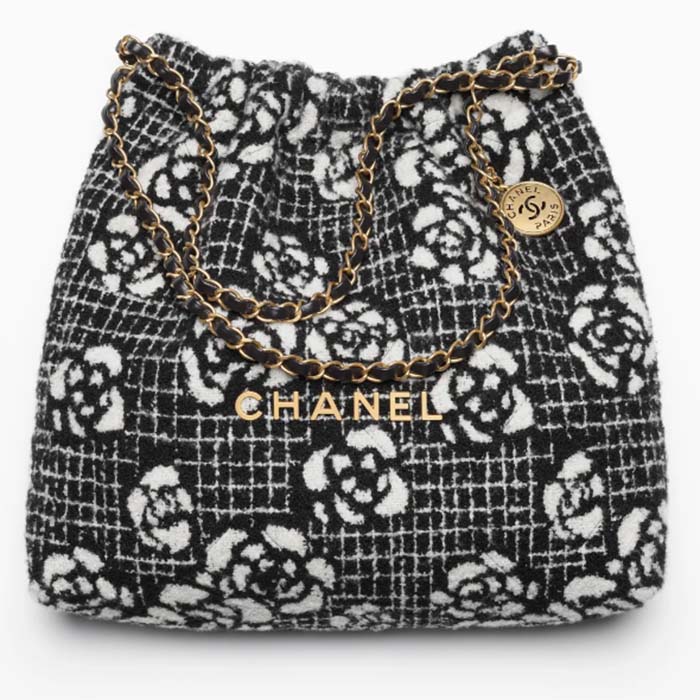 Chanel Women CC 22 Handbag Cashmere Jacquard Gold Metal Black White