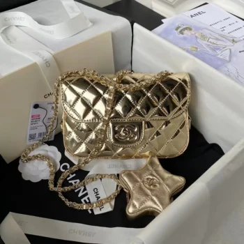 Chanel Donna CC 22 Mini Flap Bag Portamonete Stella Specchio Pelle di vitello metallizzata Oro