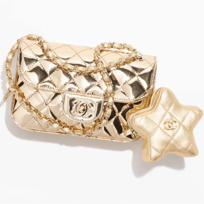 Chanel Women CC 22 Mini Flap Bag Star Coin Purse Mirror Metallic Calfskin Gold