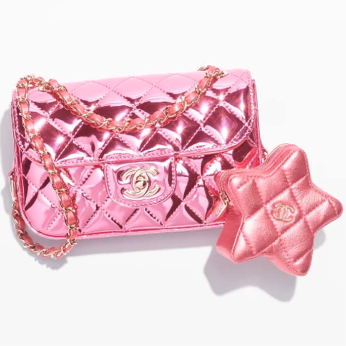 Chanel Women CC 22 Mini Flap Bag Star Coin Purse Mirror Metallic Calfskin Pink