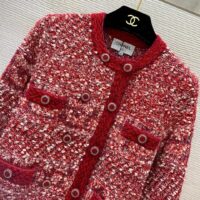 Chanel Women CC Coat Embroidered Cotton Wool Tweed Red White (7)