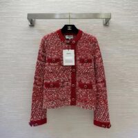 Chanel Women CC Coat Embroidered Cotton Wool Tweed Red White (7)