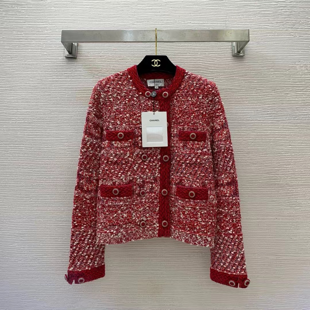 Chanel Women CC Coat Embroidered Cotton Wool Tweed Red White