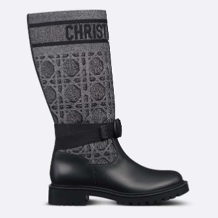 Dior Women CD D-Major Ankle Boot Black Calfskin Gray Embroidered Cannage Cotton Reference KCI981CGY_S48X