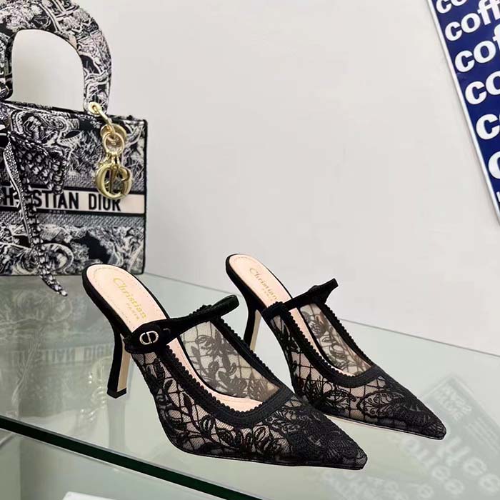 Dior Women CD Dior Capture Heeled Mule Transparent Mesh Embroidered Black Butterfly Suede Calfskin Reference: KCV032BYE_S900