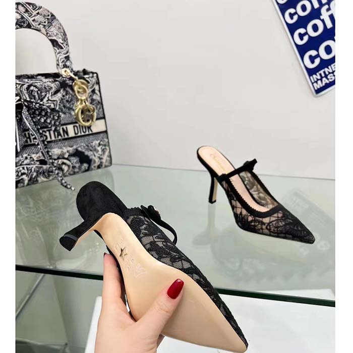 Dior Women CD Dior Capture Heeled Mule Transparent Mesh Embroidered Black Butterfly Suede Calfskin Reference: KCV032BYE_S900