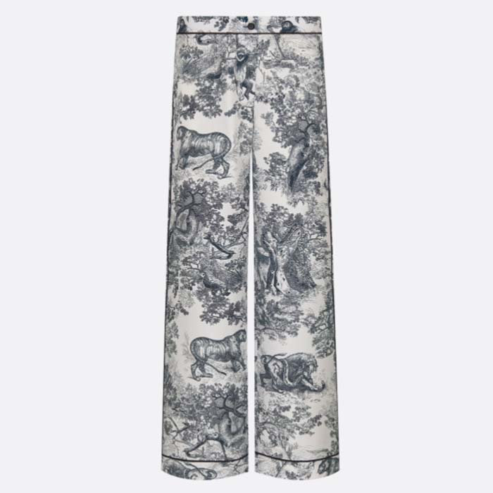 Dior Women CD Dior Chez Moi Pants White Silk Twill Navy Blue Toile De Jouy