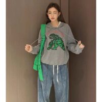 Dior Women CD Embroidered Hooded Sweatshirt Gray Cotton Jersey Green Dragon (7)