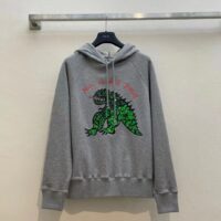 Dior Women CD Embroidered Hooded Sweatshirt Gray Cotton Jersey Green Dragon (7)