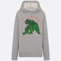 Dior Women CD Embroidered Hooded Sweatshirt Gray Cotton Jersey Green Dragon (7)