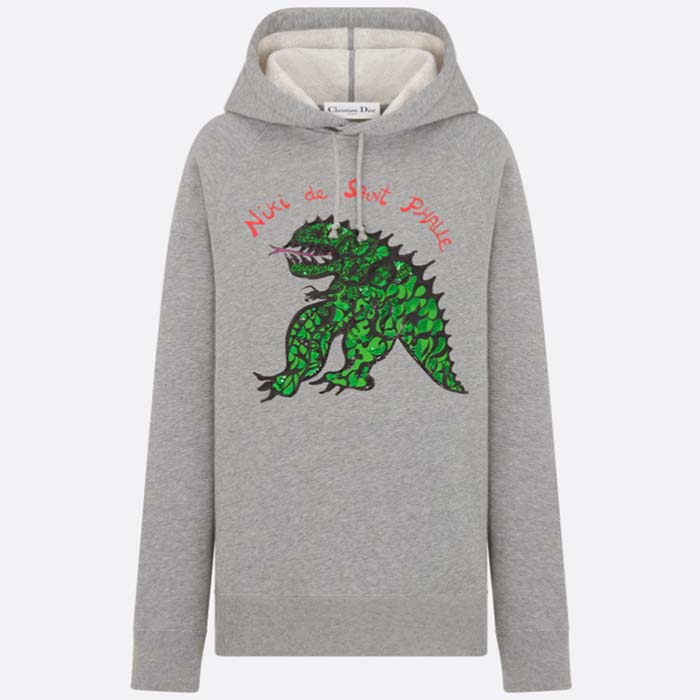 Dior Women CD Embroidered Hooded Sweatshirt Gray Cotton Jersey Green Dragon