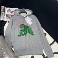 Dior Women CD Embroidered Hooded Sweatshirt Gray Cotton Jersey Green Dragon (7)