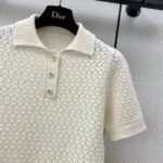 Dior Women CD Macrocannage Polo Shirt Ecru Alpaca Cashmere Silk Openwork Knit - immagine 5
