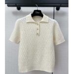 Dior Women CD Macrocannage Polo Shirt Ecru Alpaca Cashmere Silk Openwork Knit - immagine 2