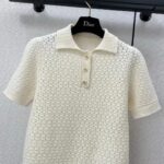 Dior Women CD Macrocannage Polo Shirt Ecru Alpaca Cashmere Silk Openwork Knit - immagine 4