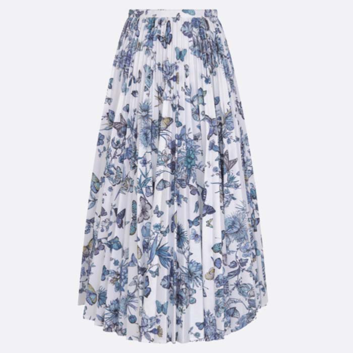 Dior Women CD Mid-Length Pleated Skirt Ecru Cotton Denim Multicolor Toile De Jouy Mexico