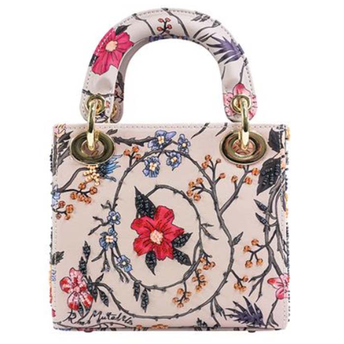 Dior Women CD Mini Lady Dior Bag White Multicolor Calfskin Chinese Rose Print Embroidery