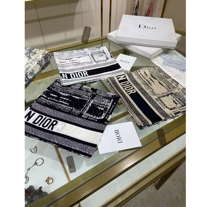 Dior Women CD Plan De Paris 90 Square Scarf White Black Silk Twill