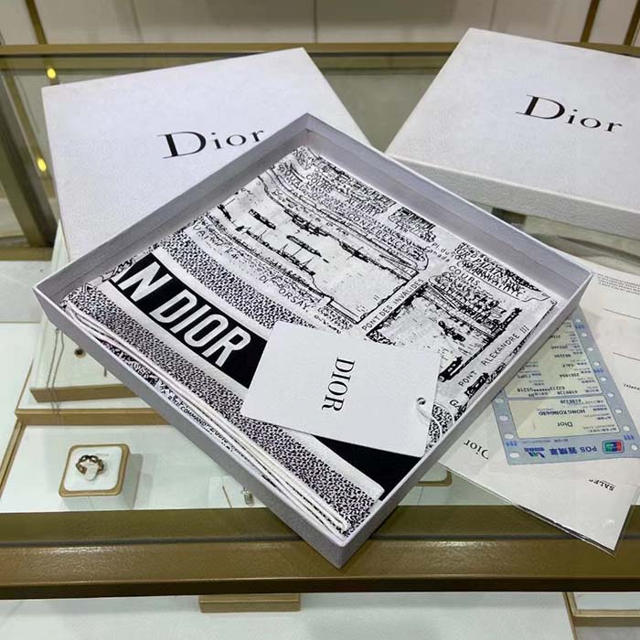 Dior Women CD Plan De Paris 90 Square Scarf White Black Silk Twill