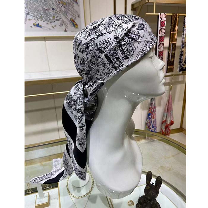 Dior Women CD Plan De Paris 90 Square Scarf White Black Silk Twill