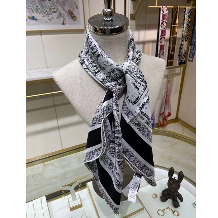 Dior Women CD Plan De Paris 90 Square Scarf White Black Silk Twill