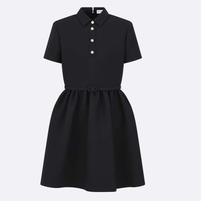 Dior Women CD Short Belted Shirt Dress Black Wool Silk