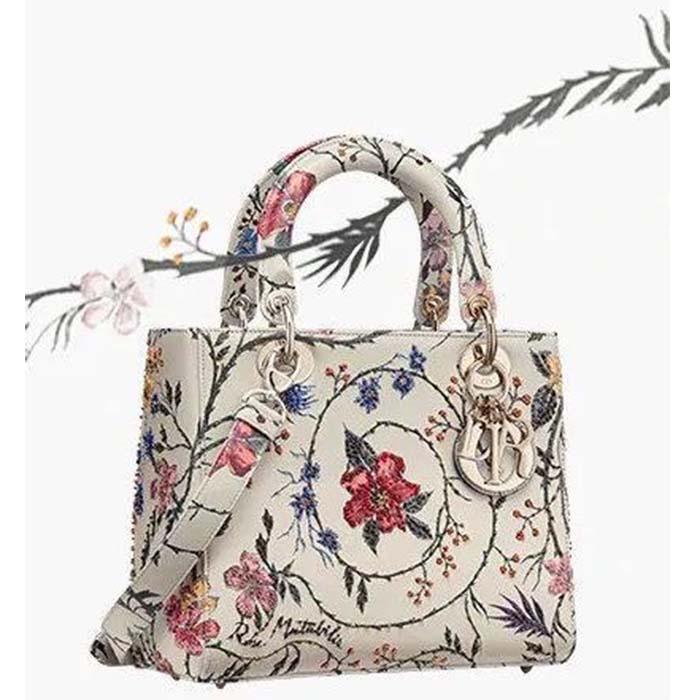 Dior Women CD Small Lady Dior Bag White Multicolor Calfskin Chinese Rose Print Embroidery