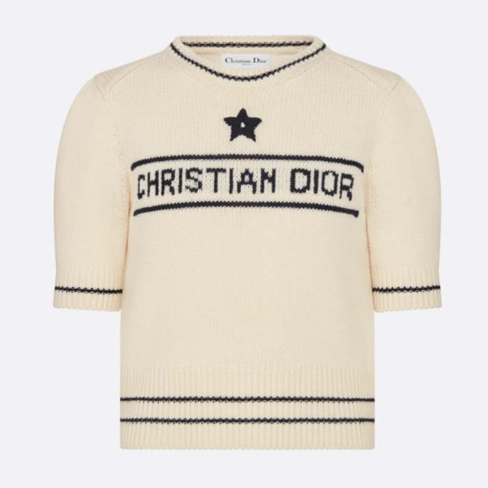 Dior Women Christian Dior Short-Sleeved Sweater Ecru Cashmere Wool Knit