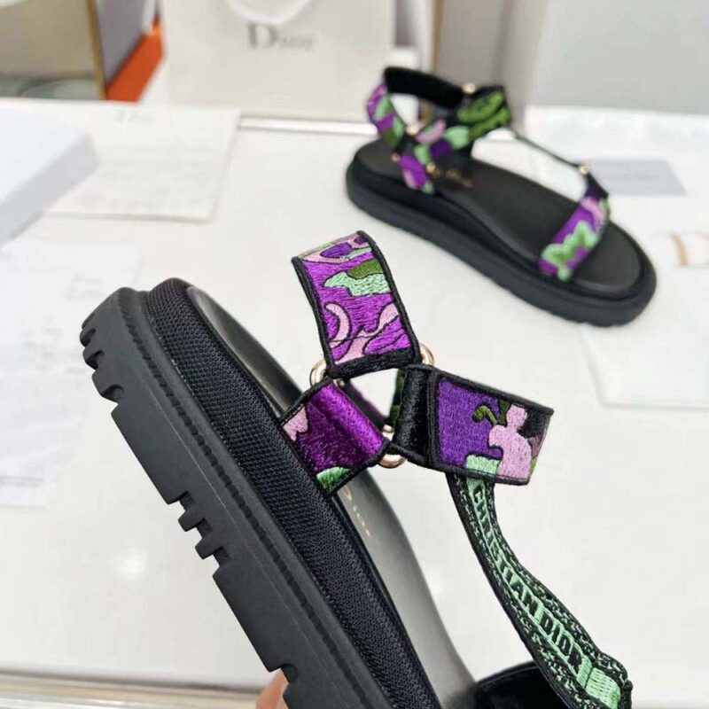 Dior Women D-Wave Sandal Black Multicolor Embroidered Cotton