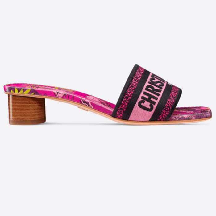 Dior Women Dway Heeled Slide Rani Pink Multicolor Embroidered Cotton Toile De Jouy Voyage Motif Reference KCQ902VOY_S66P